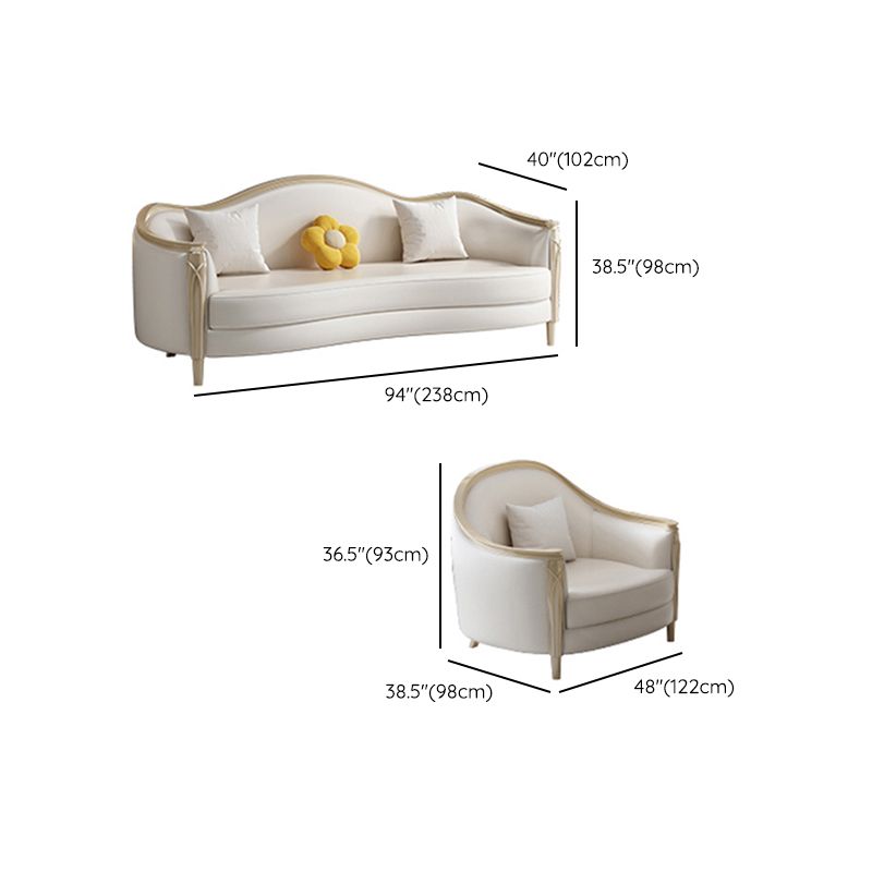 Glam Solid Wood White Genuine Leather Sofa with Pillows for Living Room