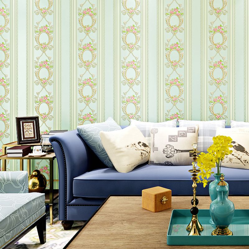 Rustic Floral Striped Wallpaper Pastel Color Stain-Proof Wall Art for Living Room