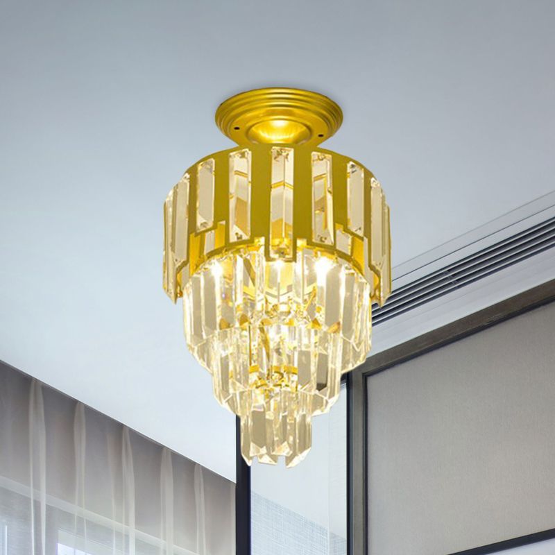 Crystal Rods Gold Flush Mounted Light 4-Tier Taper Single Post-Modern Semi Flush Ceiling Light Fixture