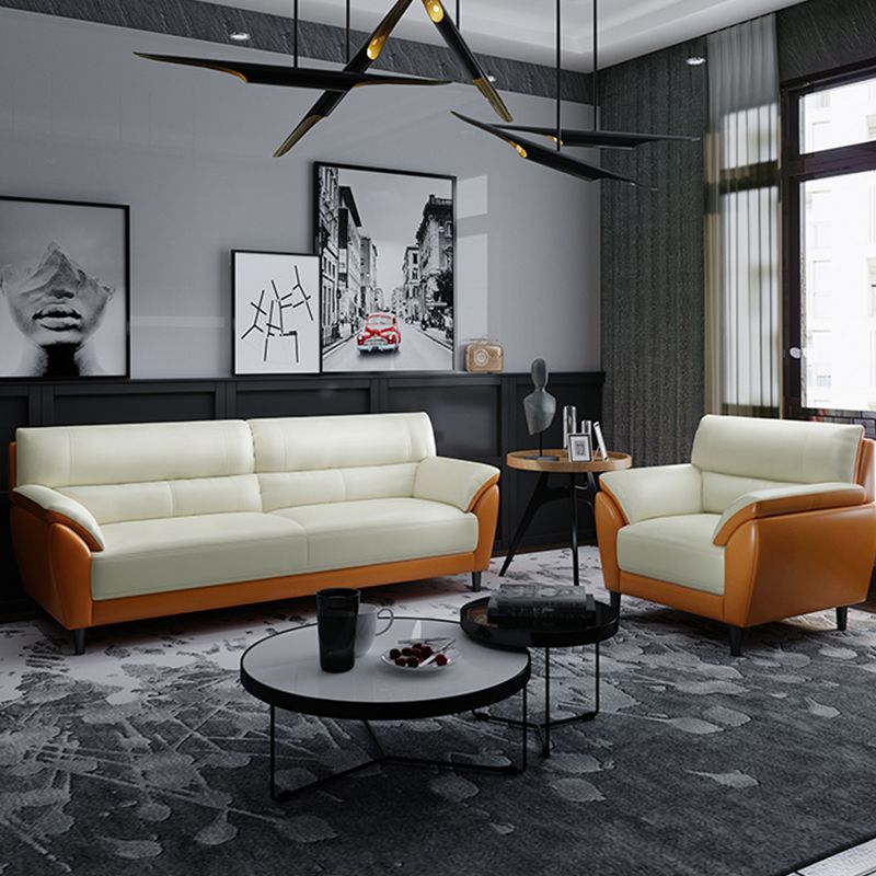 Genuine Leather Stain Resistant Contemporary Settee Couch in Orange and White