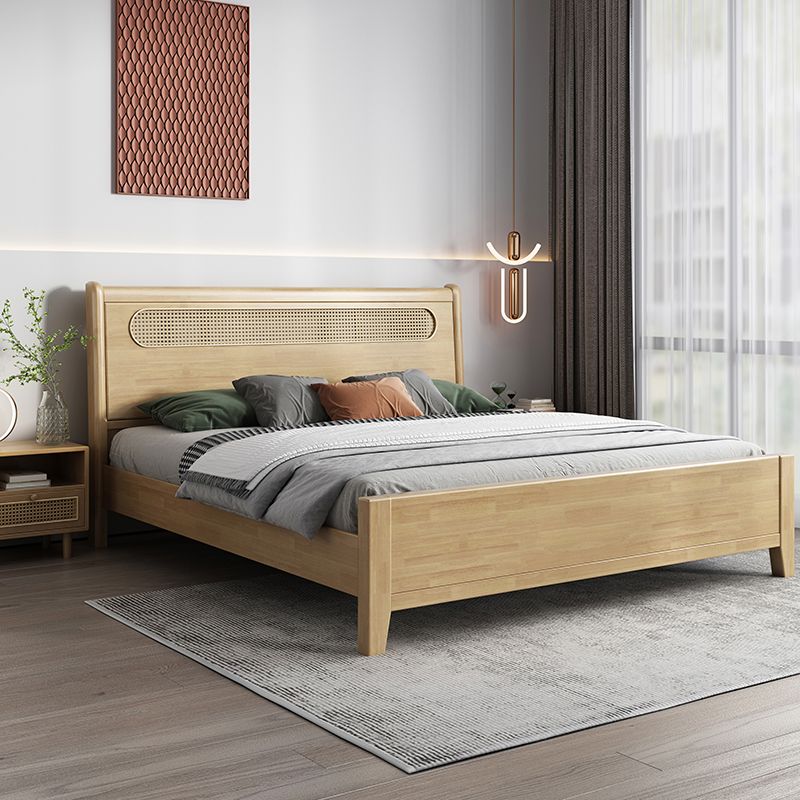 Rectangular Beige Panel Bed Rubberwood and Rattan Bed Frame with Headboard