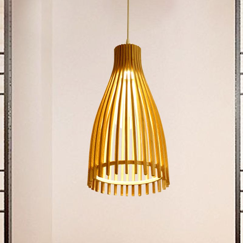 Conical Bamboo Strip Pendulum Lamp Japanese 1-Light Beige Hanging Ceiling Light for Tea House