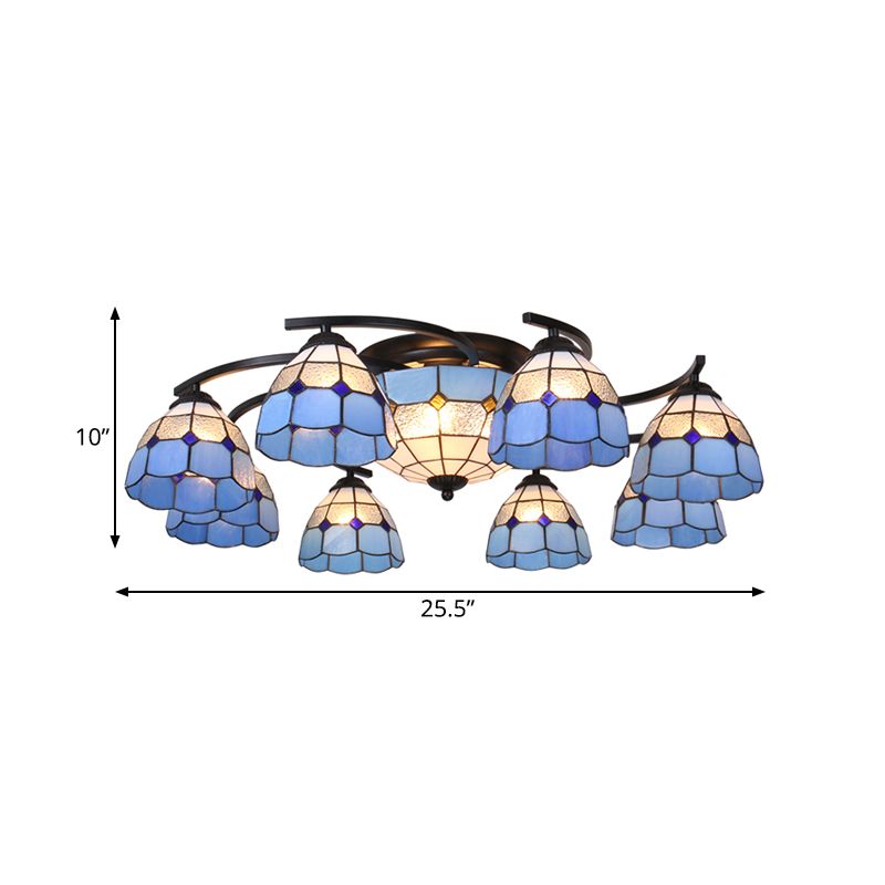 Cúpula/Semi de Espesor Cónico 11 Luces Blanco/Azul Cristal Mediterráneo Lámpara de techo para sala de estar