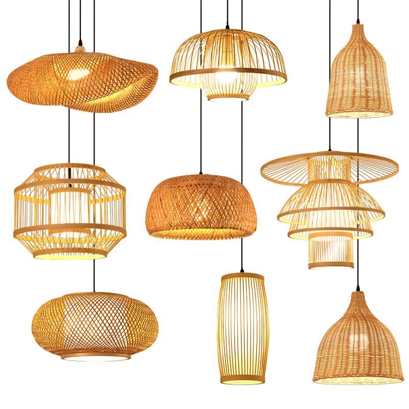 Asian Style Handmade Ceiling Light Bamboo 1 Bulb Restaurant Hanging Light Fixture in Wood