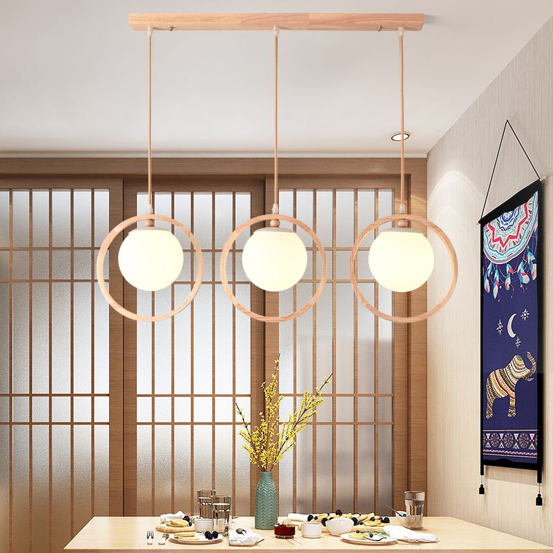 Opaline Glass Ball Cluster Pendant Nordic Style Beige Hanging Light Fixture with Wooden Ring