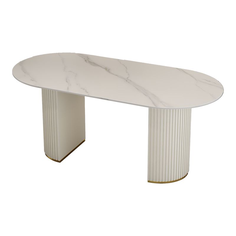 Contemporary Oval Dining Table Stone and Metal Double Pedestal Dining Table in White