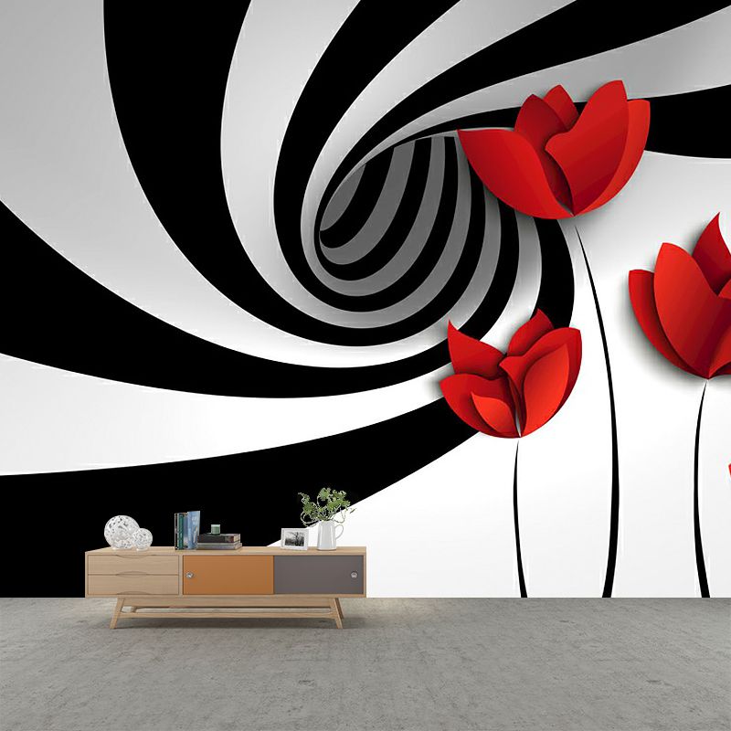 Minimal Flower Whirling Wall Mural Black-Red Water Resistant Wall Art for Living Room