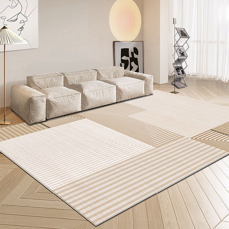 Rectangle Shape Rug Living Room Beige Tone Polyester Washable Area Rug