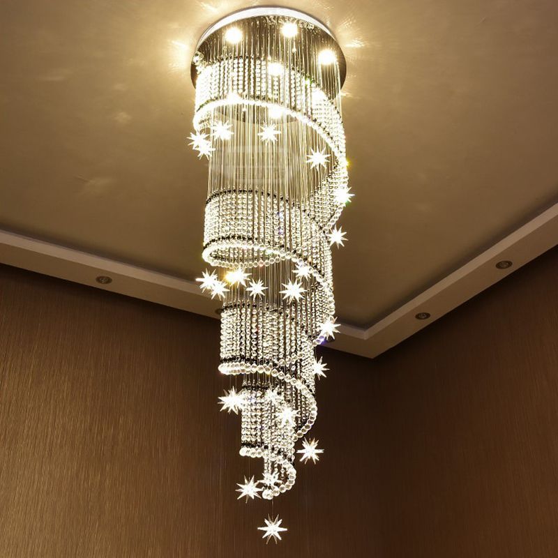 Iluminación colgante de cristal espiral lujosa luz de techo de led cromo moderno para escaleras