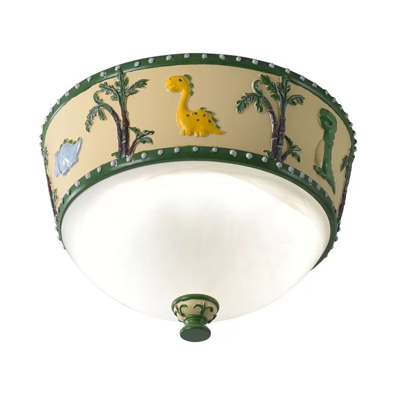 Bowl Opal Glass Ceiling Lamp Kids Blue/Yellow LED Flush Mount with Dinosaur and Tree Pattern in White/Warm Light