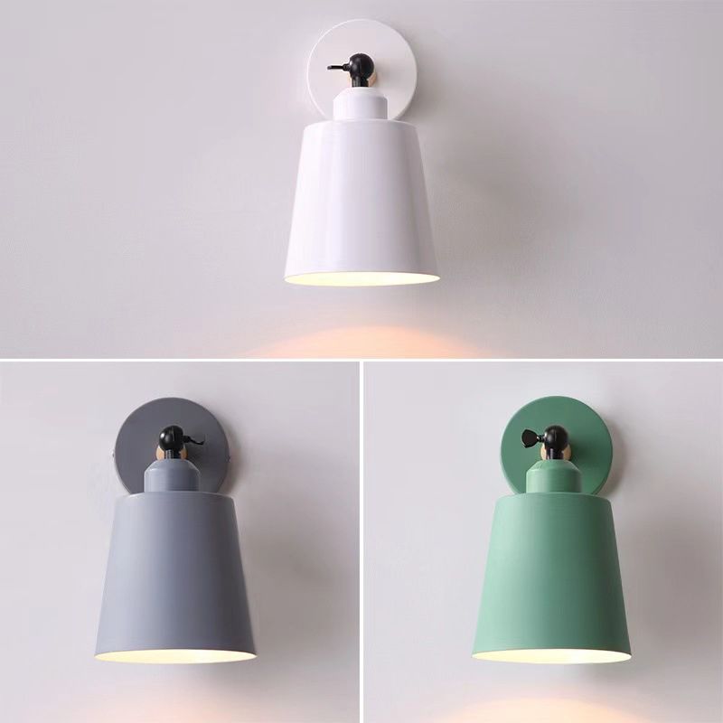 Nordic Macaroon Style Sconce Lights Conical Metal Shade Single Bulb Wooden Wall Mount Lamp for Bedroom