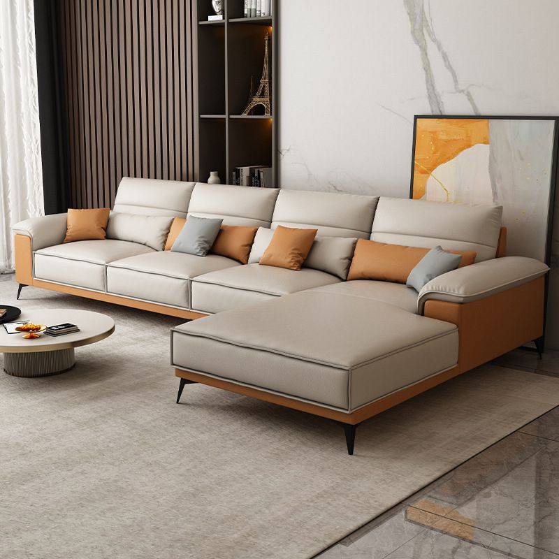 Pillow Top Arm Sectional Beige Faux Leather Sectional with Pillows