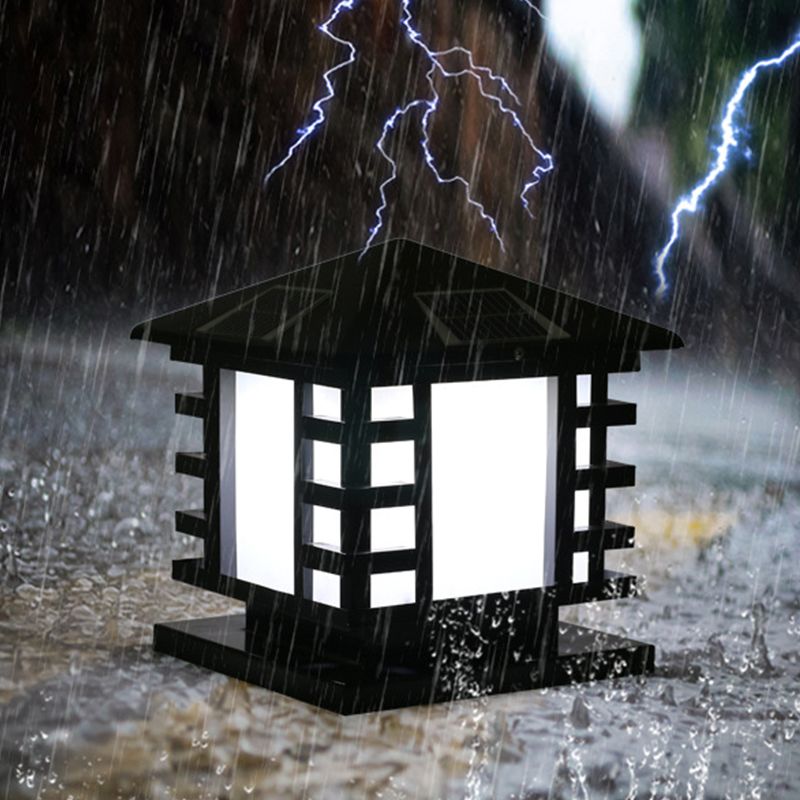 Metal Rectangle Shape Solar Pillar Lamp Modern 1 Light Waterproof Outdoor Light in Black