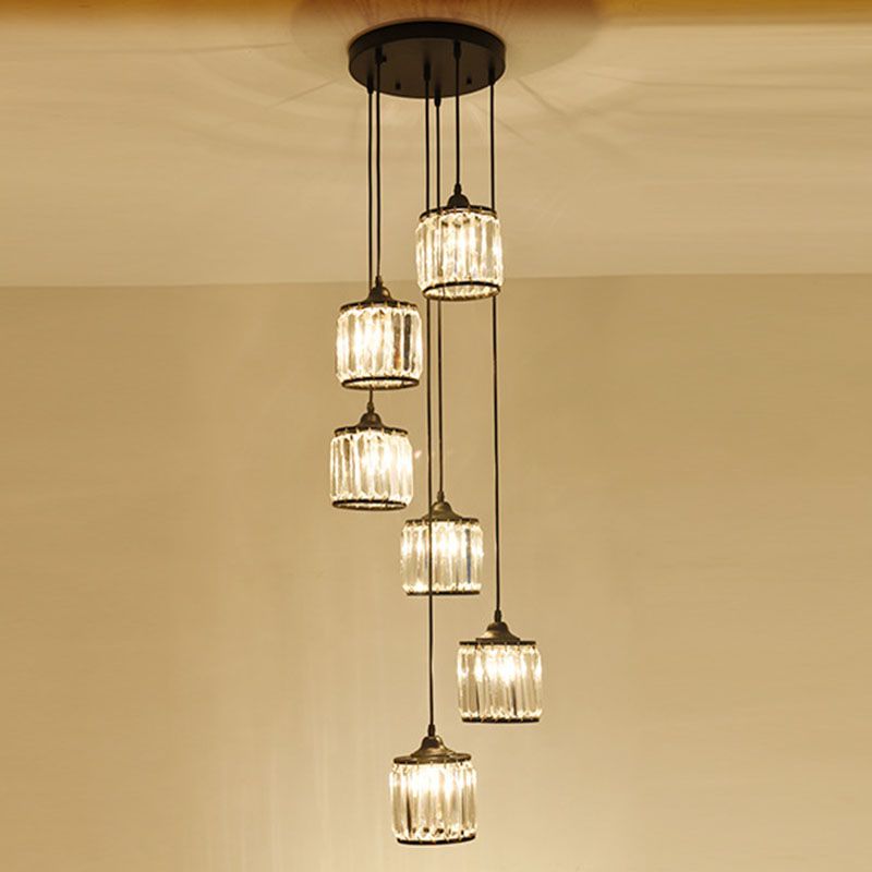 Modern Drum Multi Light Pendant Tri-Prism Crystal Staircase Hanging Lighting in Black