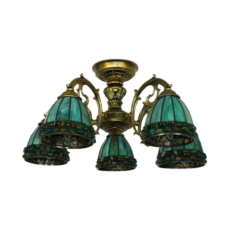 Tiffany Dome Semi Flush 5/8 Lights Stained Art Glass Close to Ceiling Lighting in Green