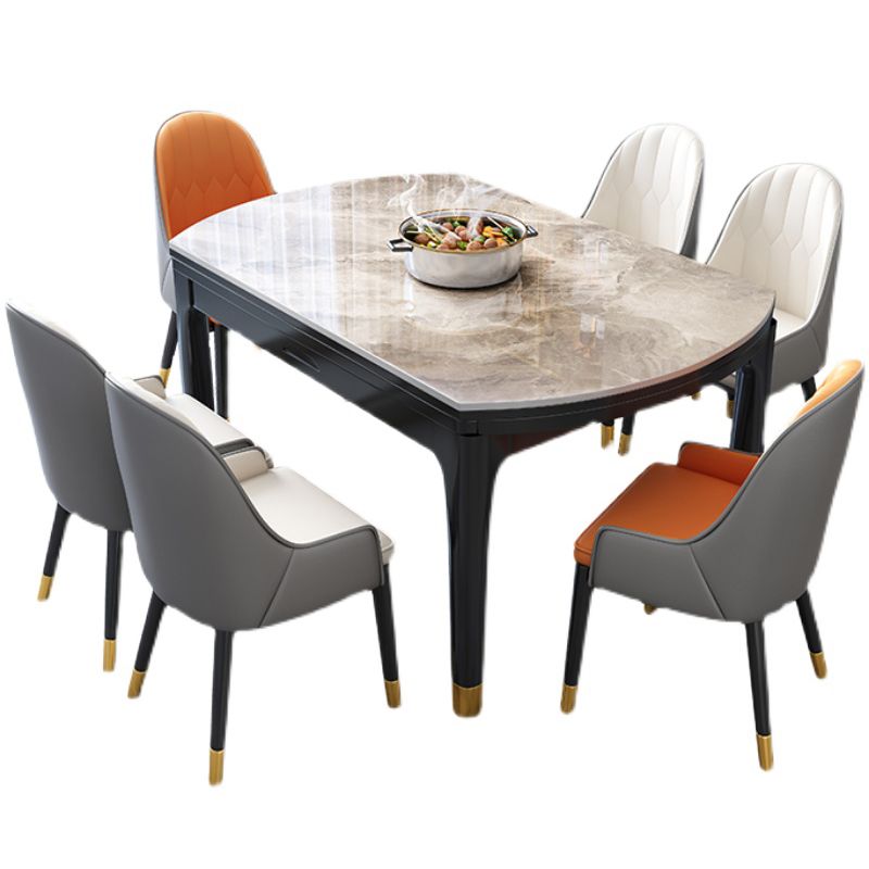 Modern Extendable Grey Stone Top Dining Table with 4 Black Steel Legs