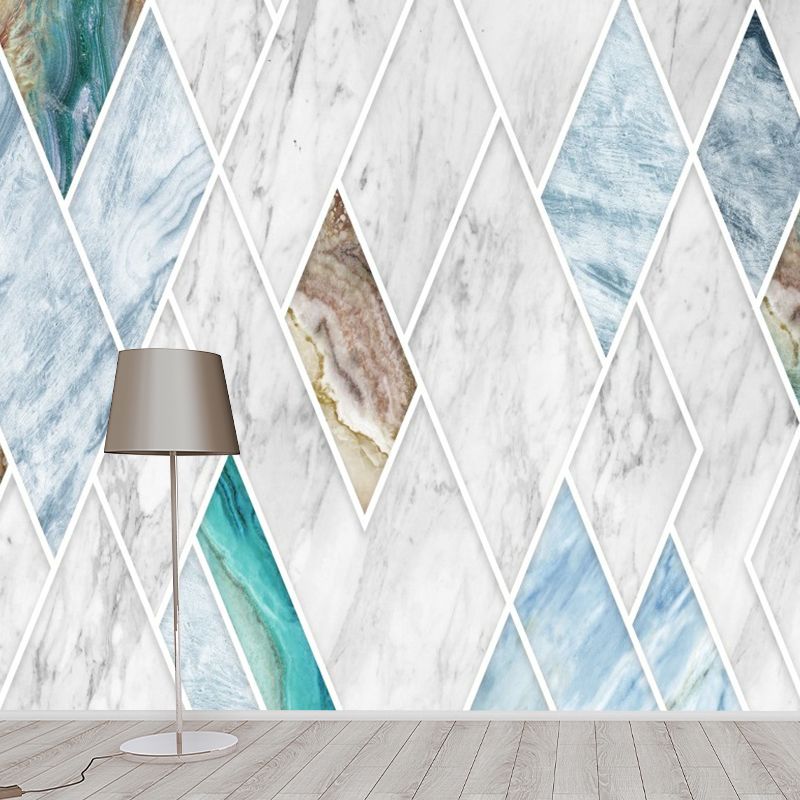 Blue-White Marble Wallpaper Mural Rhombus-Pattern Modern Stain Resistant Wall Art