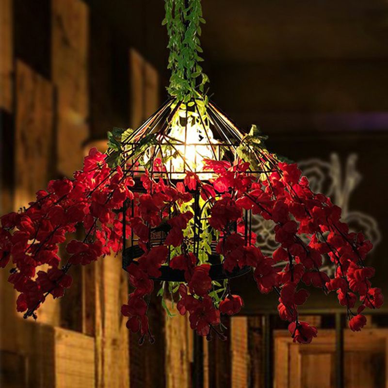 Industrial Cage Style Hanging Lamp 1 Head Metal Pendant Lighting with Artificial Leaf and Flower