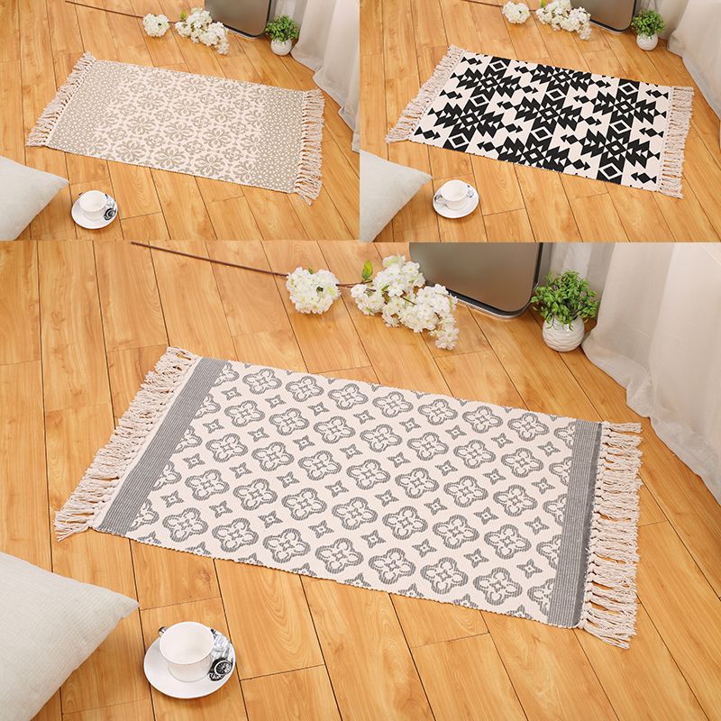 Boho Living Room Area Rug Multi Colored Geometric Patterned Braided Rug Cotton Machine Washable Carpet