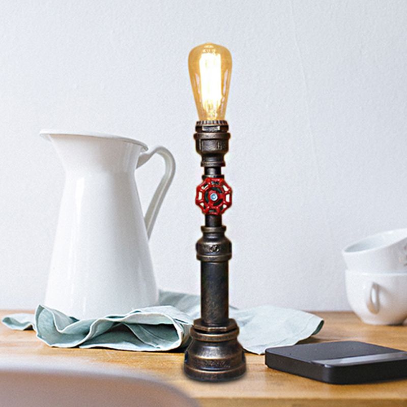 1 Bulb Plumbing Pipe Table Light with Open Bulb and Valve Industrial Bronze Metallic Standing Light