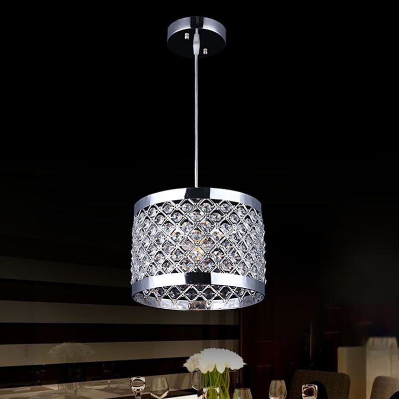 Metal Cylindrical Pendant Lamp Modern Style 1-Light Hanging Light with Crystal Beads