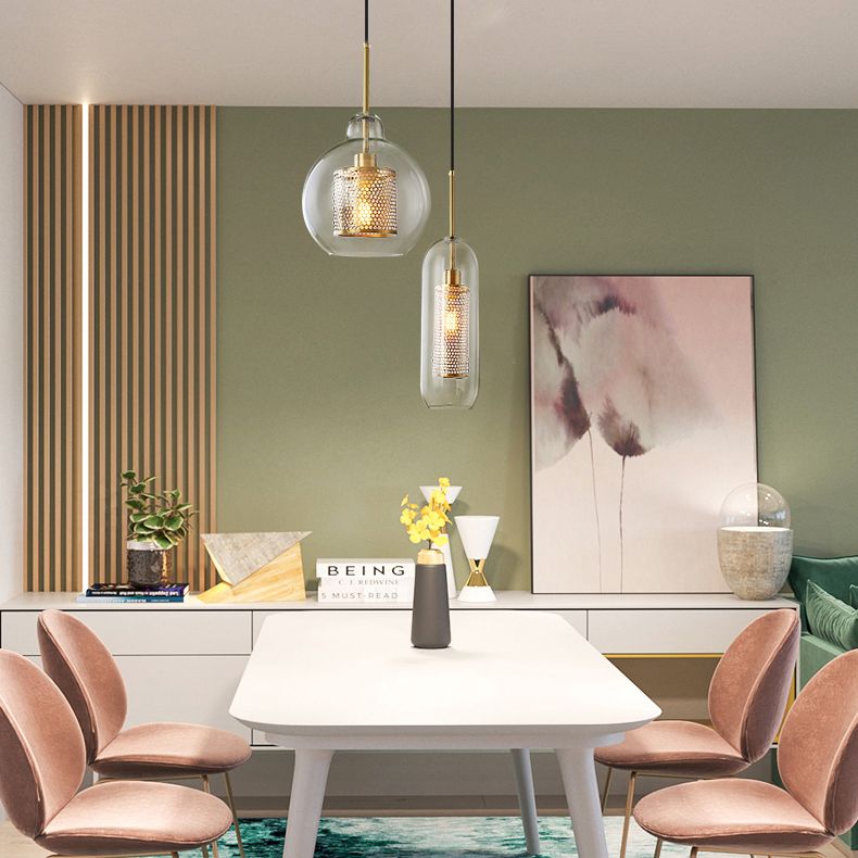 Brass 1 Light Hanging Pendant Light Modern Minimalist Clear Glass Dining Table Hanging Lamp