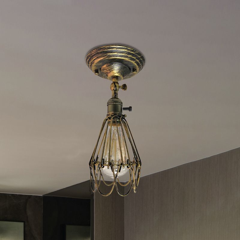 Plafonnier semi-encastré en cage en fer forgé, style ferme, élégant, 1 lumière, luminaire de plafond pour chambre à coucher, rouille/argent vieilli