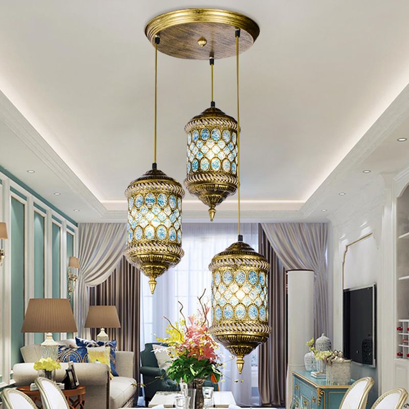 Cylindrical Metal Multi Pendant Light Art Deco 3 Heads Dining Room Ceiling Lamp Fixture in Red/Blue/Yellow