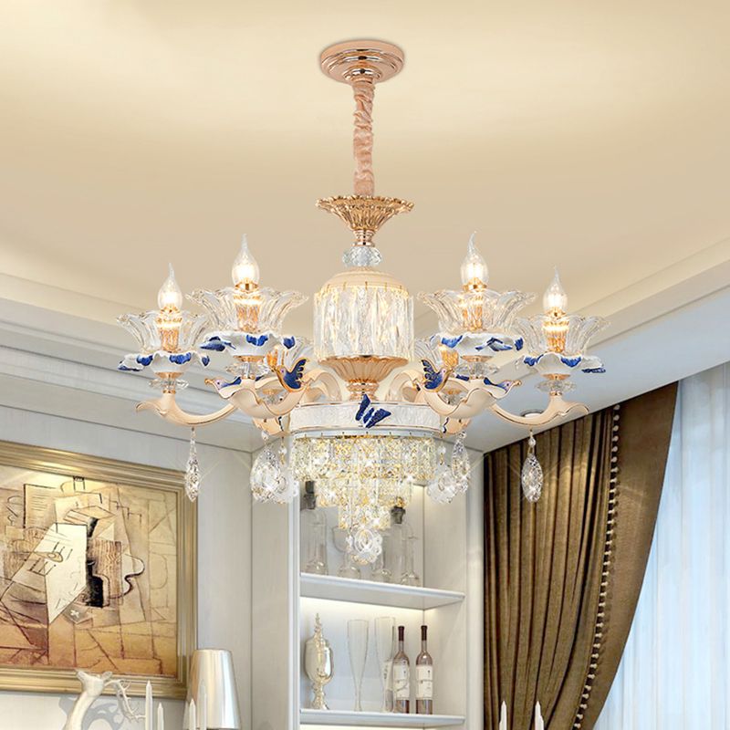 Clear K9 Crystal Flower Chandelier Traditional Dining Room Hanging Ceiling Light with Ceramic Decor