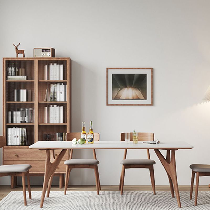 Modern Rectangular Stone Top White Dining Table with 4 Solid Wood Legs