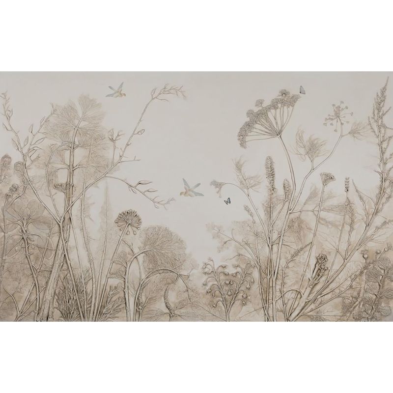 Pencil Sketch Botanical Mural Wallpaper Modern Smooth Wall Covering in Grey for Room