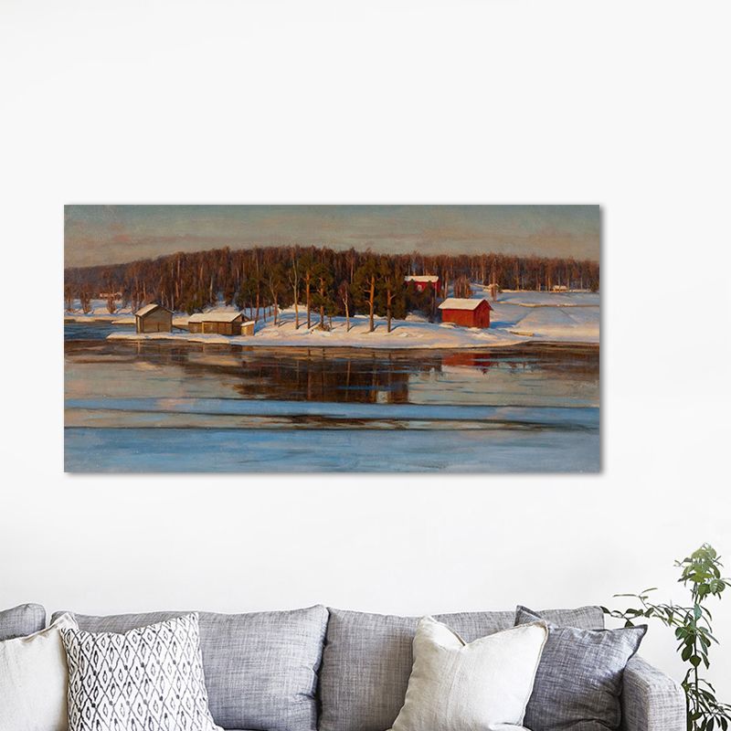 Textured Riverside Forest Landscape Art Canvas Modern Style Wall Print for Guest Room