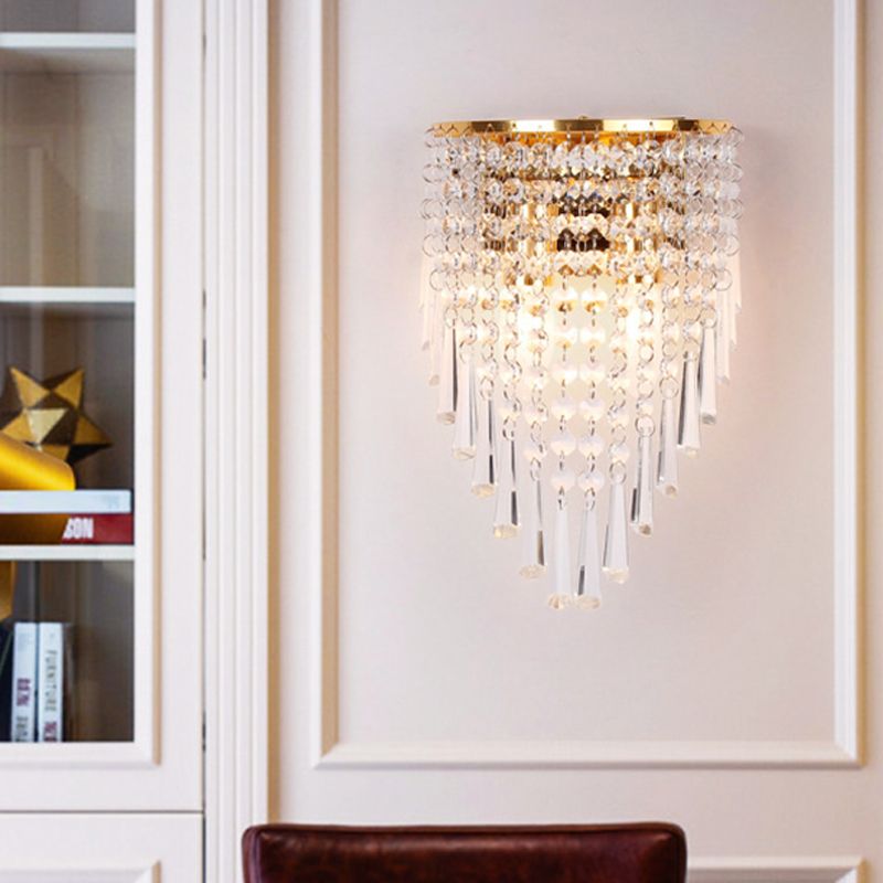 Layered Wall Light Modernism Style Clear Crystal 2 Bulbs Living Room Wall Sconce Lamp in Gold