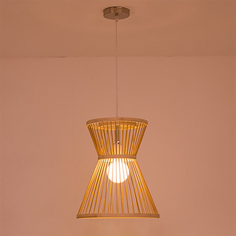 Lámpara colgante en forma de reloj de arena bambú asiática 1 bombilla de beige luz de suspensión para vestíbulo