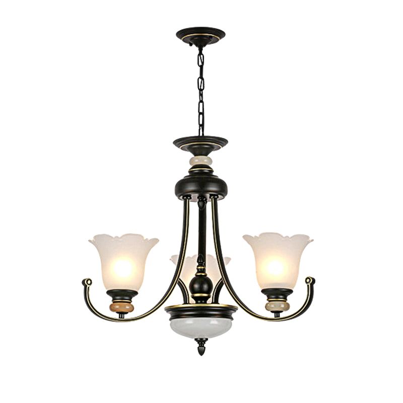 Flower White Glass Ceiling Light Vintage 3/6/8 Lights Bedroom Chandelier Light Fixture in Black