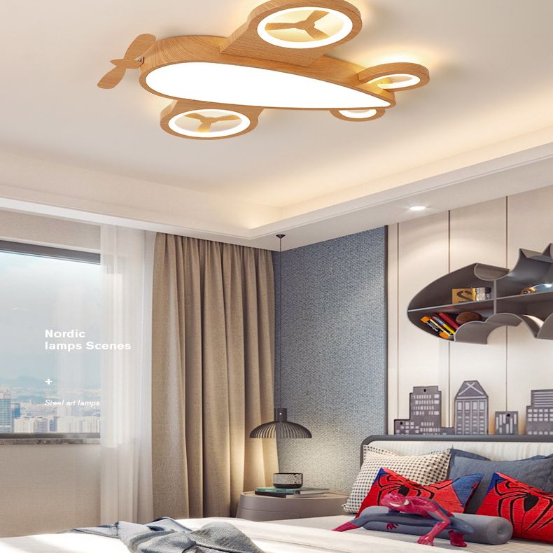 Wooden Airplane Shaped Ceiling Mount Light Cartoon LED Flush Light for Childrens Bedroom