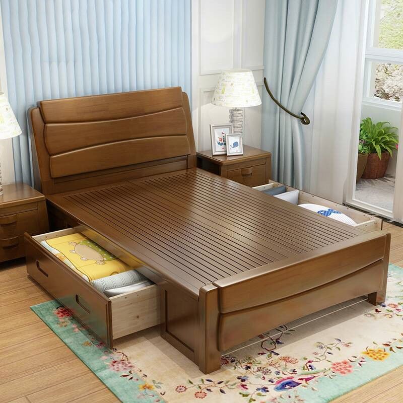 84.65 inch Wide Traditional Bed Frame Rubberwood Standard Bed with Headboard