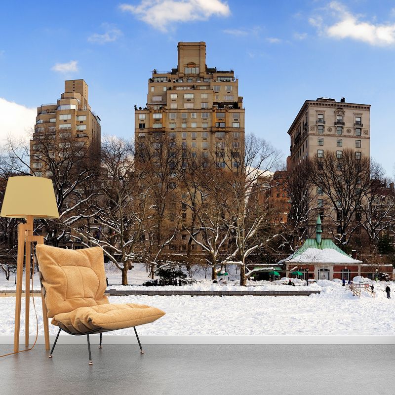 Snowy City Street View Mural Wallpaper Brown Modern Style Wall Decor for Living Room