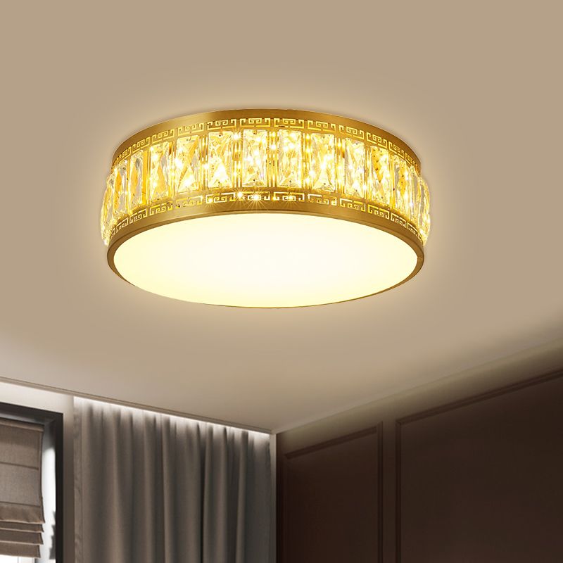 Gold Finish Drum Flush Mount Lamp Modern Clear Rectangular-Cut Crystals LED Bedchamber Light Fixture, 19.5"/23.5" Width