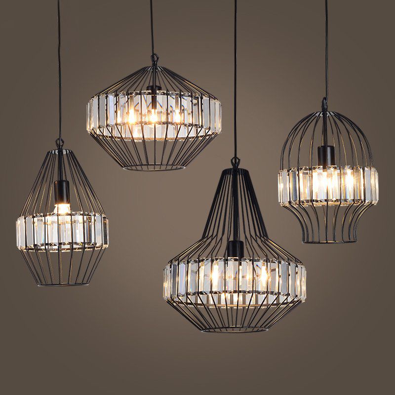 Illuminazione a sospensione cristallina in gabbia geometrica Vintage Light Black Affermazione per ristorante