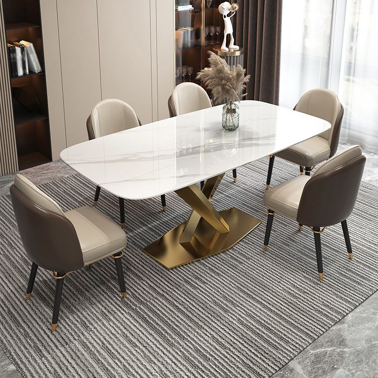 Rectangle Traditional Luxury Dining Table White Sintered Stone Table with Gold Metal Pedestal Base