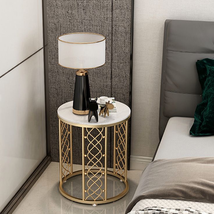 21.6" Tall Modern Round Slate Top Side Table Iron Frame End Table with Shelf