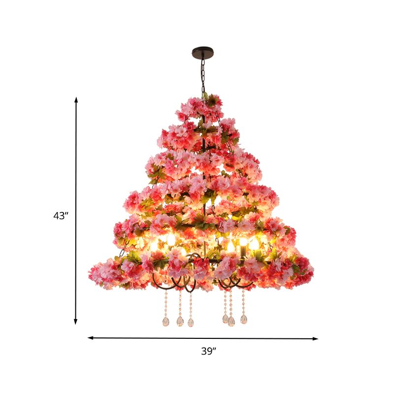 Metal Black Chandelier Lighting Cherry Blossom 6 Lights Retro LED Ceiling Pendant with Crystal Draping