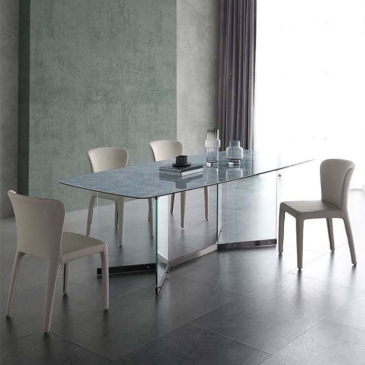 Rectangular Blue Stone Dining Table Modern Tempered Glass Furniture with Trestle Table