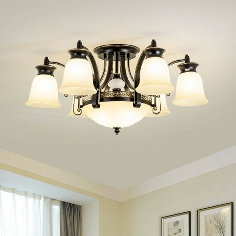 Flared Shade Dining Room Semi Flush Light Retro Beige Glass Black Semi Flush Chandelier