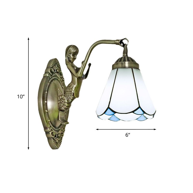 1 Head Conical Wall Sconce Lighting Mission White/Beige Glass Wall Mount Light Fixture with Mermaid Backplate