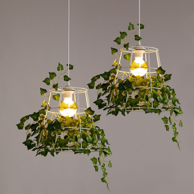 Iron Tapered Cage Suspension Lighting Retro 1 Head Dining Room Pendant Ceiling Light with Decorative Ivy in Green