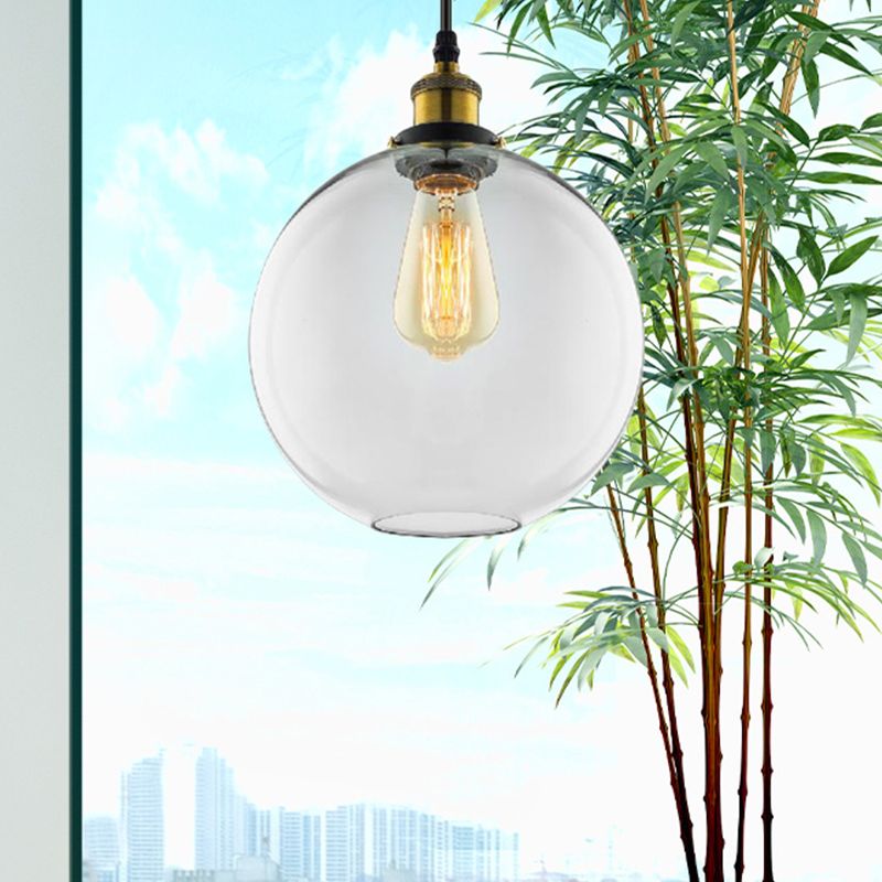 1 Light Pendant Lighting Industrial Globe Clear Glass Hanging Light Kit in Antique Brass with Plug