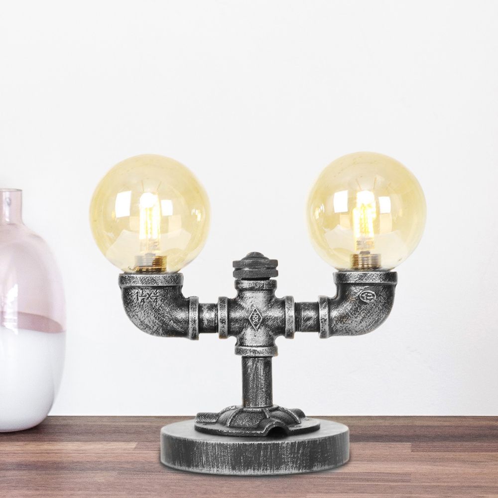Lampada da scrivania industriale con paralume rotondo Illuminazione da lavoro in vetro trasparente/ambrato a 2/3 lampadine in argento antico/bronzo con base