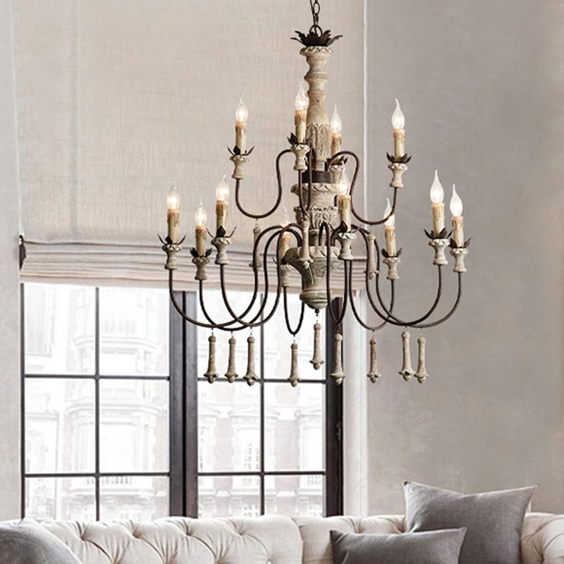 12 têtes Chandelier en bois rural brun à 2 niveaux suspendus de salon avec bras en métal incurvé
